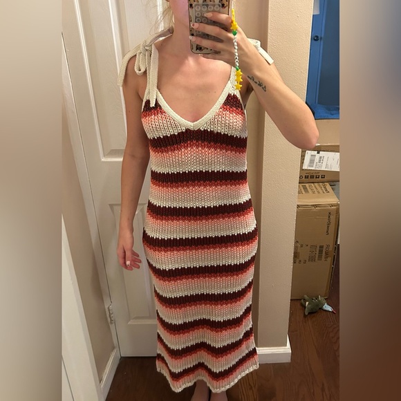 Zara Striped Knit Tie Strap Red Combo Midi Dress NWT - Picture 1 of 4